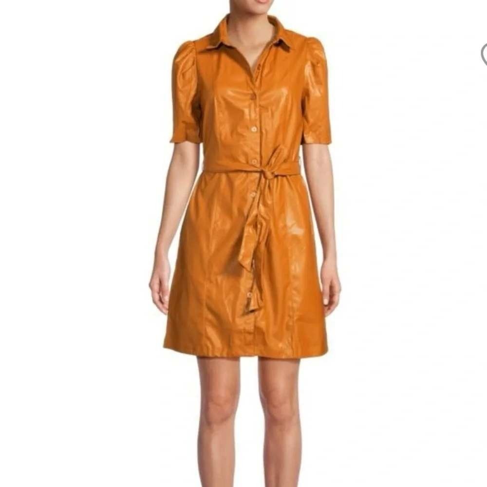 Dkny Womens Faux Leather Puff Sleeve Dress Cognac Orange Button Front Belted